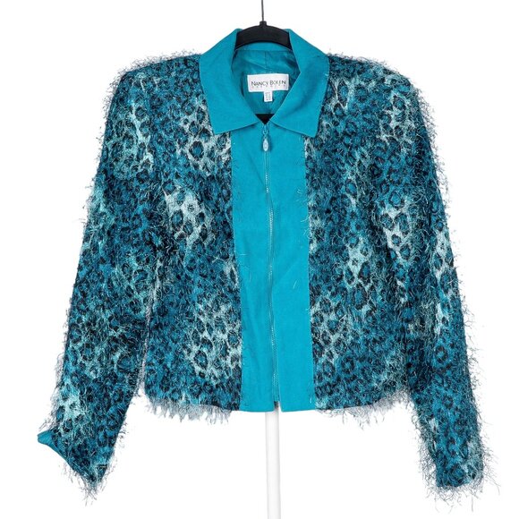 Nancy Bolen Jackets & Blazers - Nancy Bolen VTG Leopard Print Eyelash Jacket 4 Womens Teal Full Zip Fuzzy USA